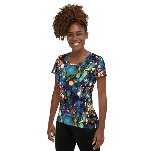 Blue Nebula Bloom on a Women's Athletic T-Shirt