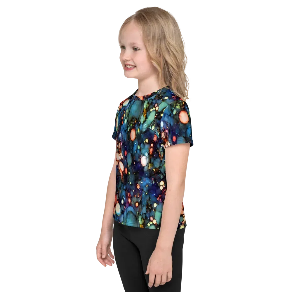 Blue Nebula Bloom on Kids Crew Neck T-Shirt — Left