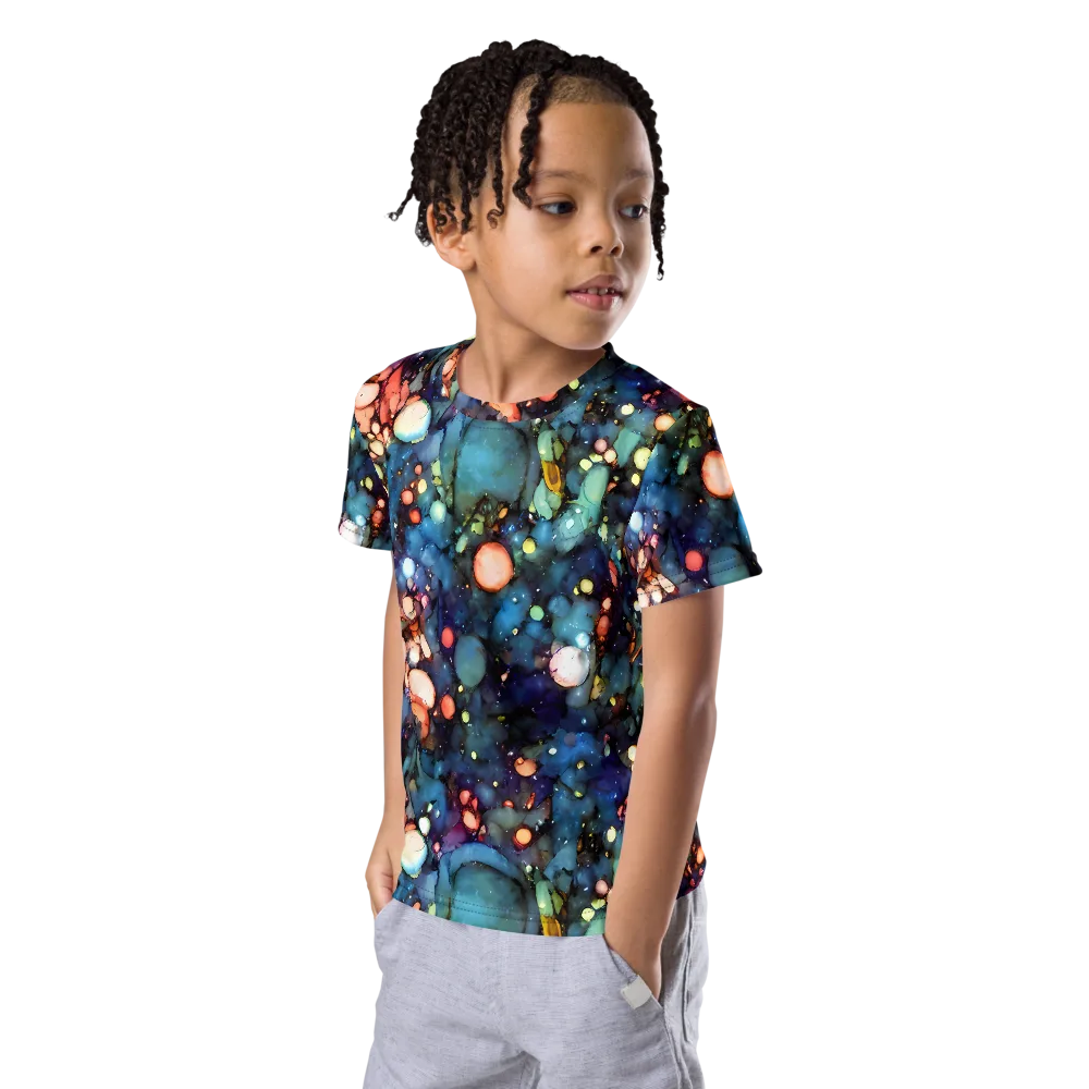 Blue Nebula Bloom on Kids Crew Neck T-Shirt — Left Front