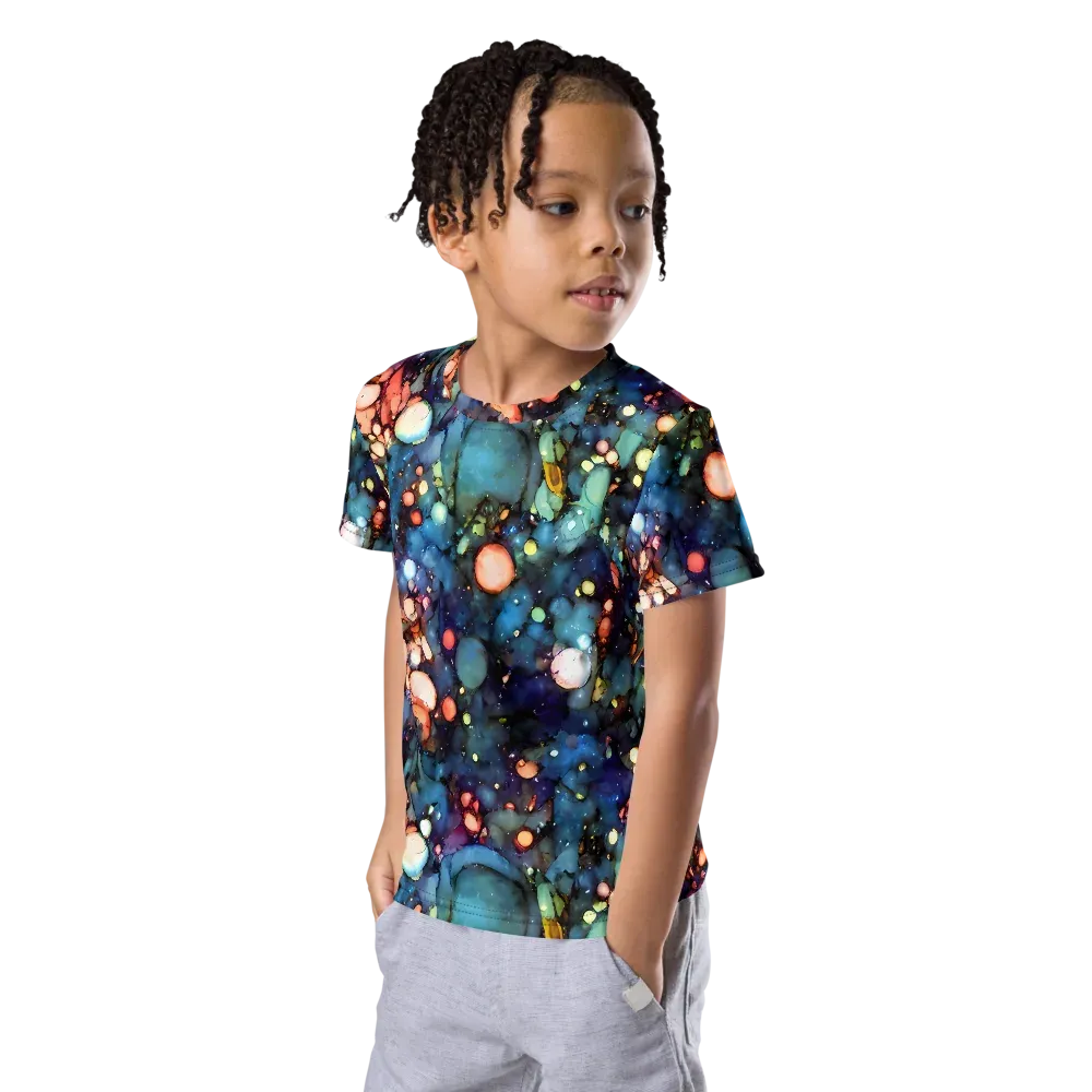Blue Nebula Bloom on Kids Crew Neck T-Shirt — Left Front