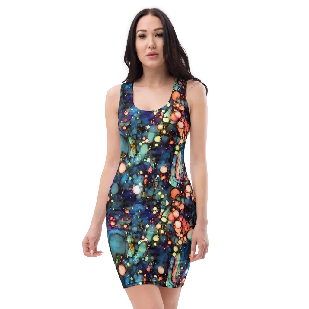 Blue Nebula Bloom on Bodycon Dress — Front