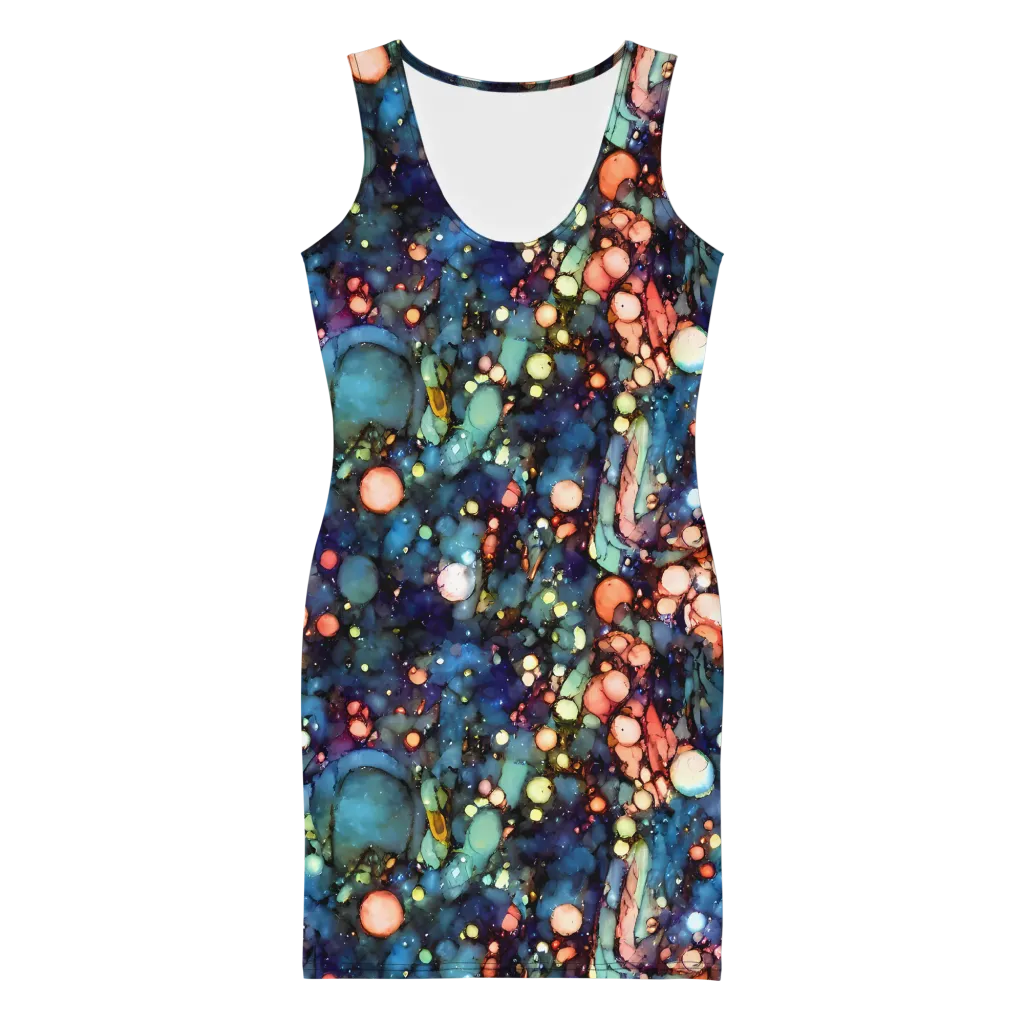 Blue Nebula Bloom on Bodycon Dress — Front