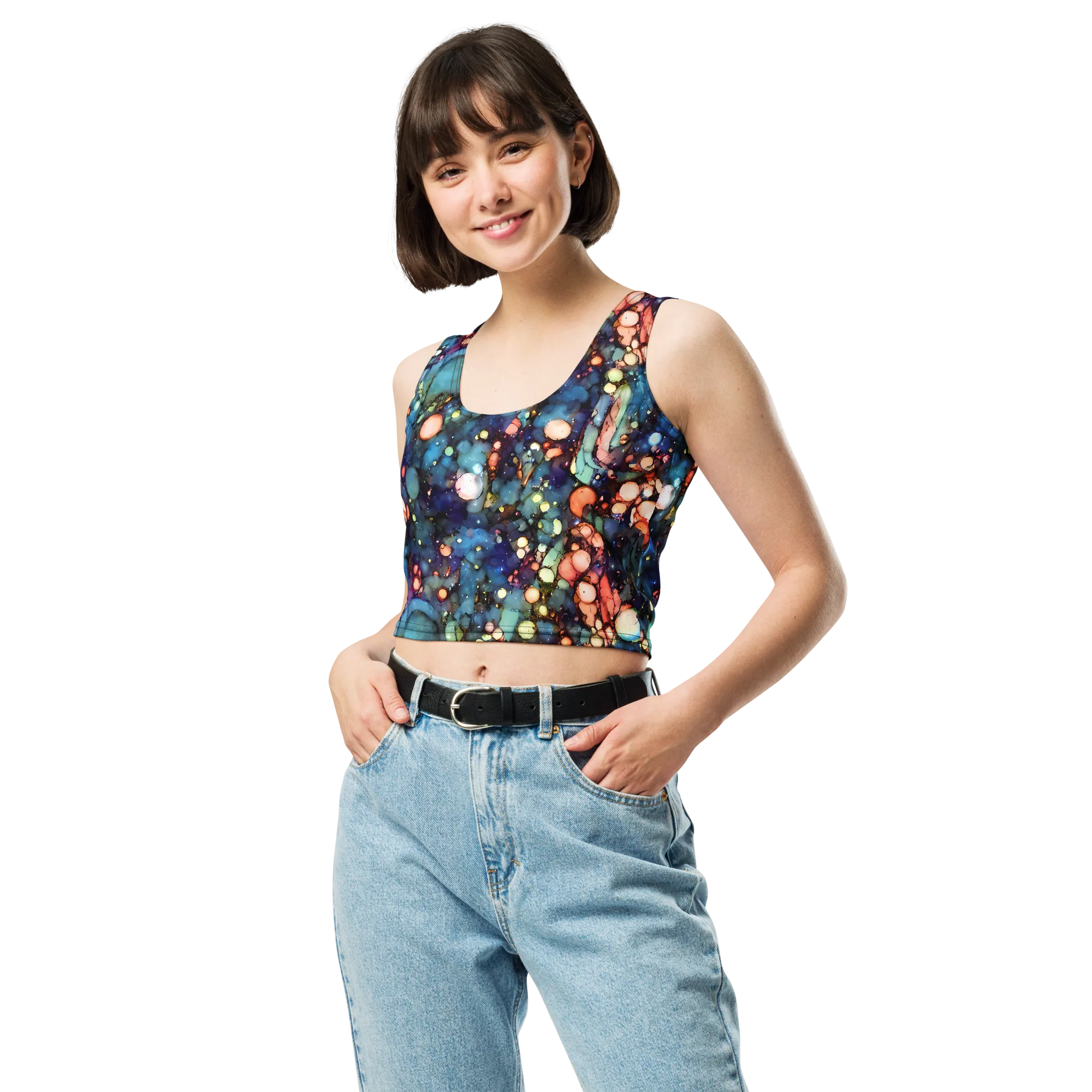 Blue Nebula Bloom on Crop Top — Front