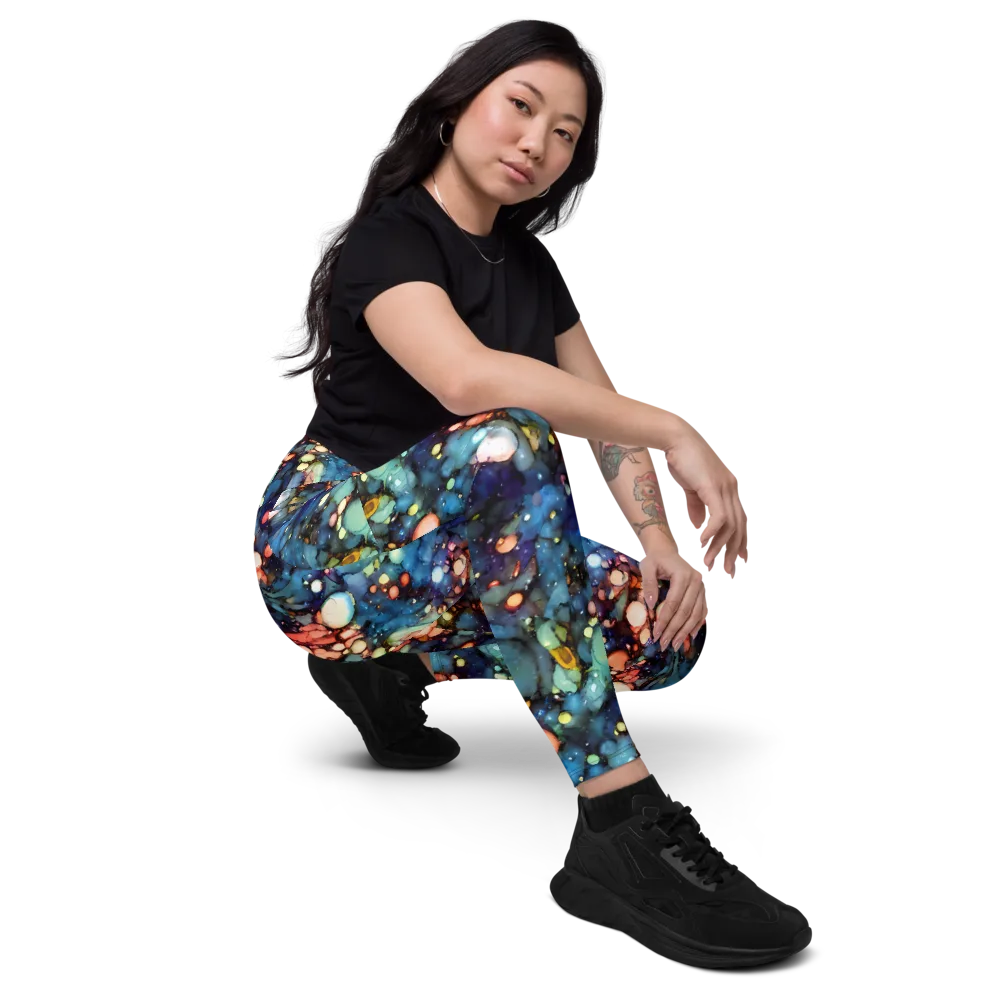Blue Nebula Bloom on Leggings with Pockets — Right Front