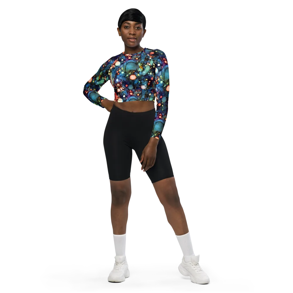 Blue Nebula Bloom on Long Sleeve Crop Top — Front
