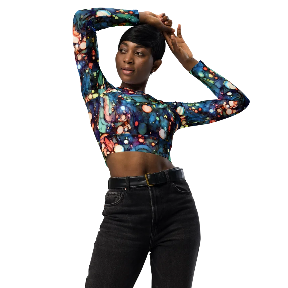 Blue Nebula Bloom on Long Sleeve Crop Top — Front