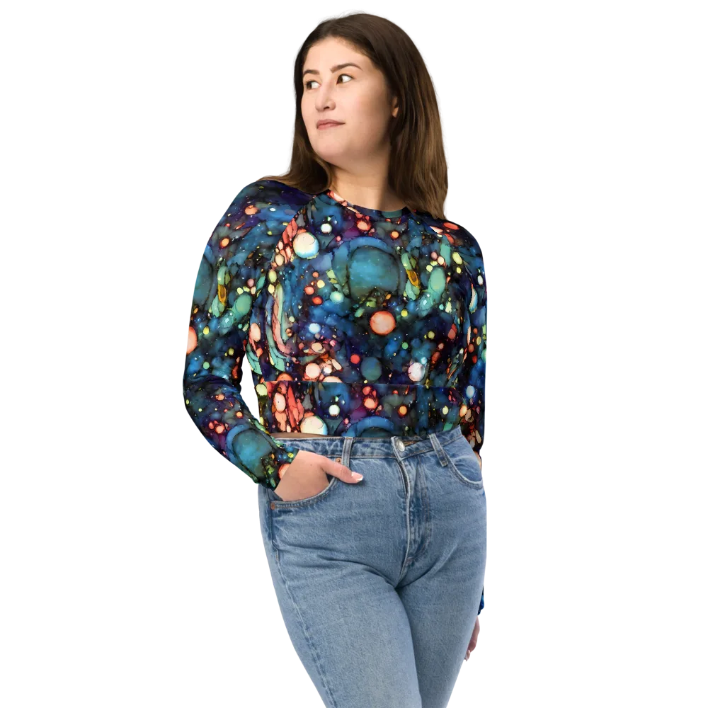 Blue Nebula Bloom on Long Sleeve Crop Top — Front