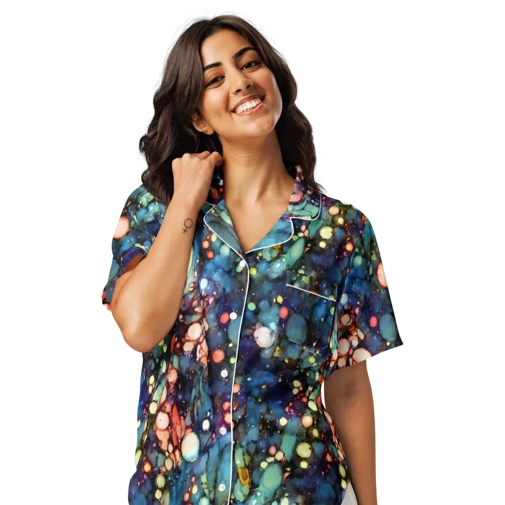 Blue Nebula Bloom on Women's Short Sleeve Pajama Top — Front