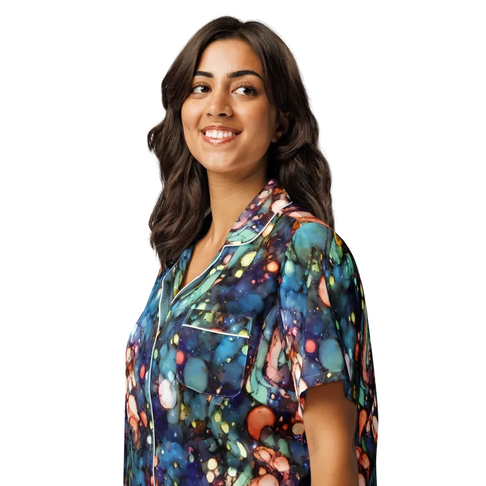 Blue Nebula Bloom on Women's Short Sleeve Pajama Top — Left Front