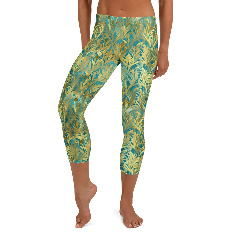 Turquoise Plumage on Capri Leggings — Front