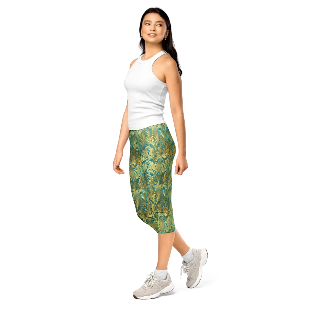 Turquoise Plumage on Capri Leggings — Left Front