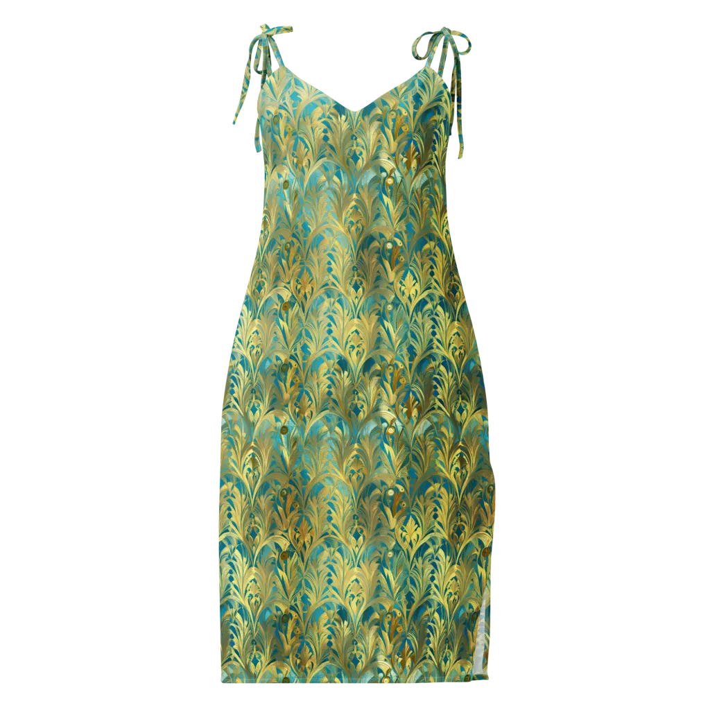 Turquoise Plumage on Slip Dress — Front