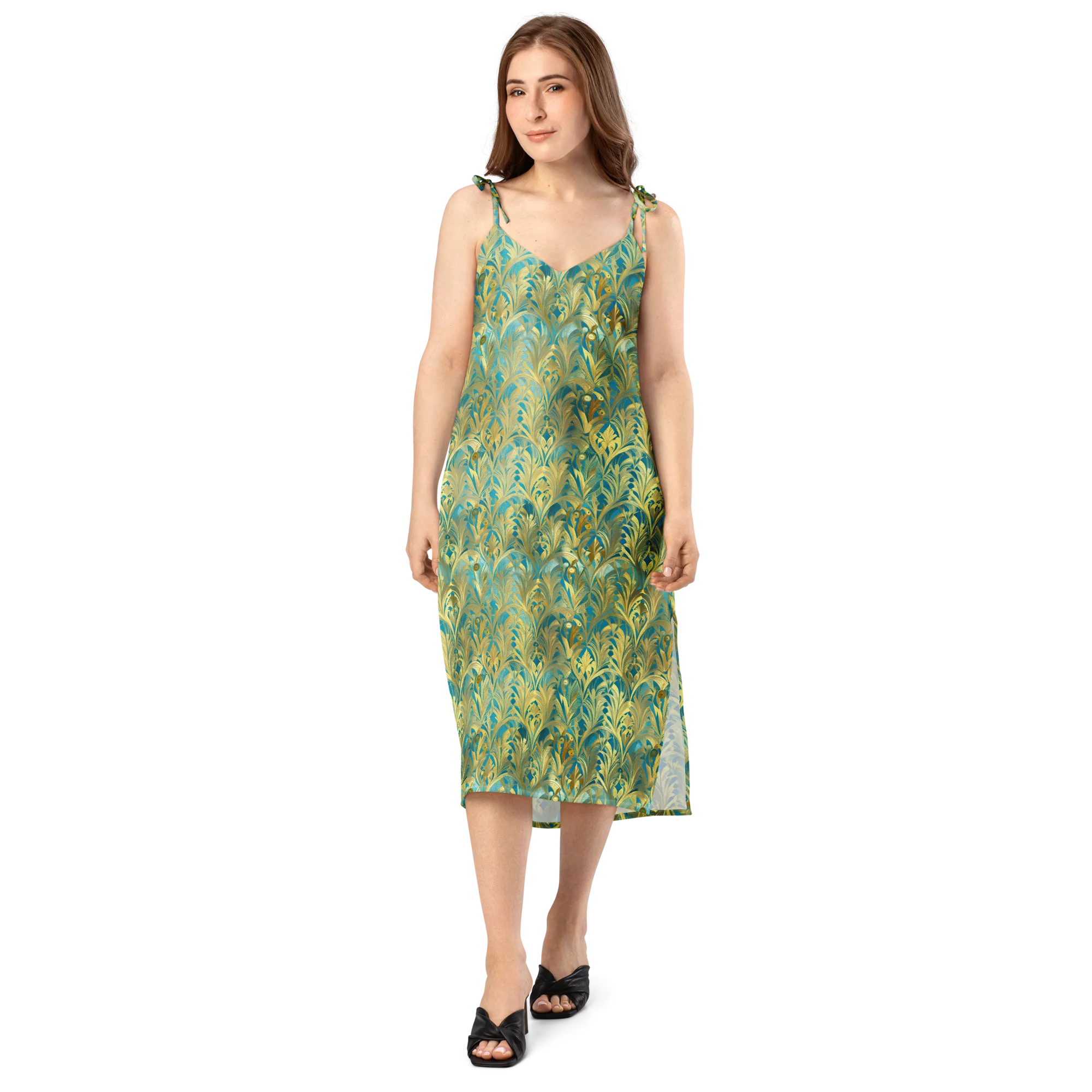 Turquoise Plumage on Slip Dress — Front