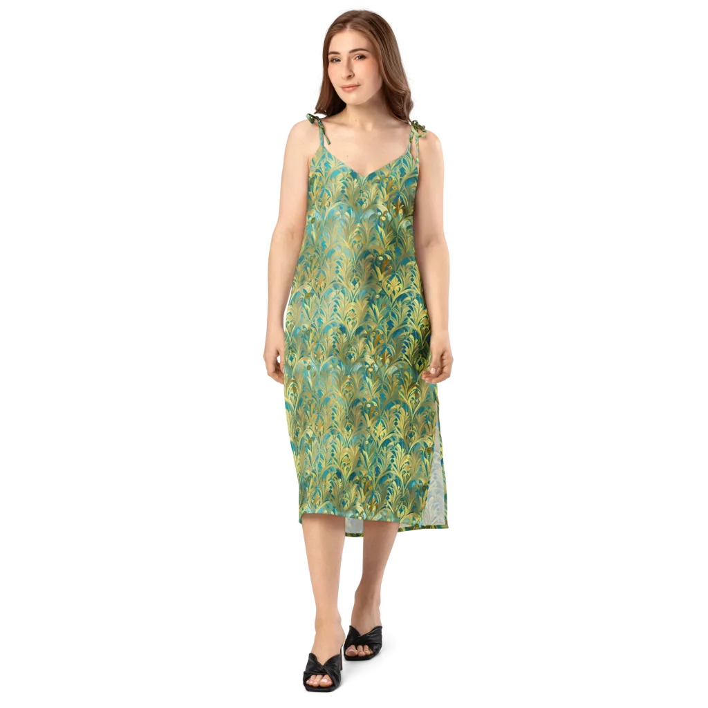 Turquoise Plumage on Slip Dress — Front