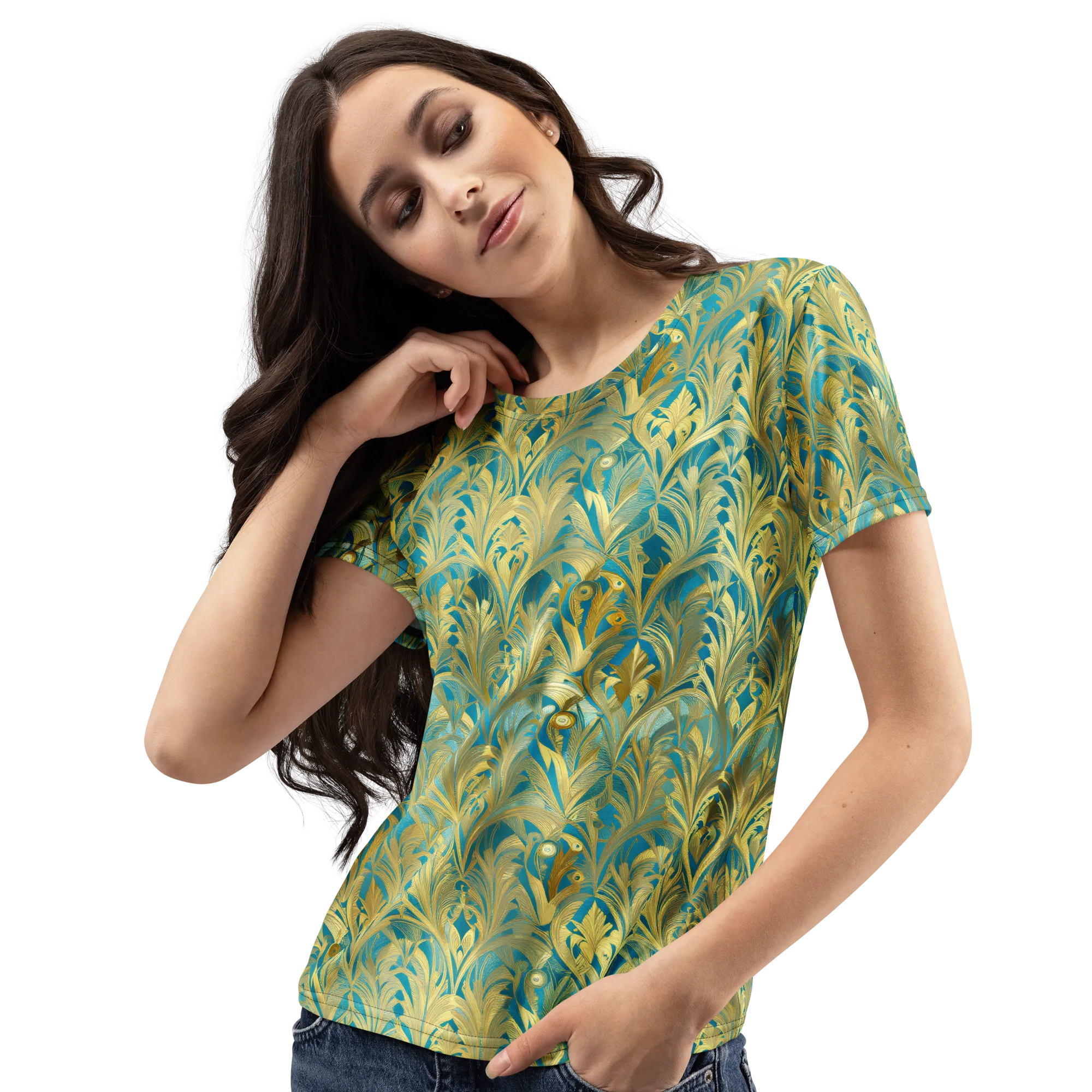 Turquoise Plumage on Women's Crew Neck T-Shirt — Left Front