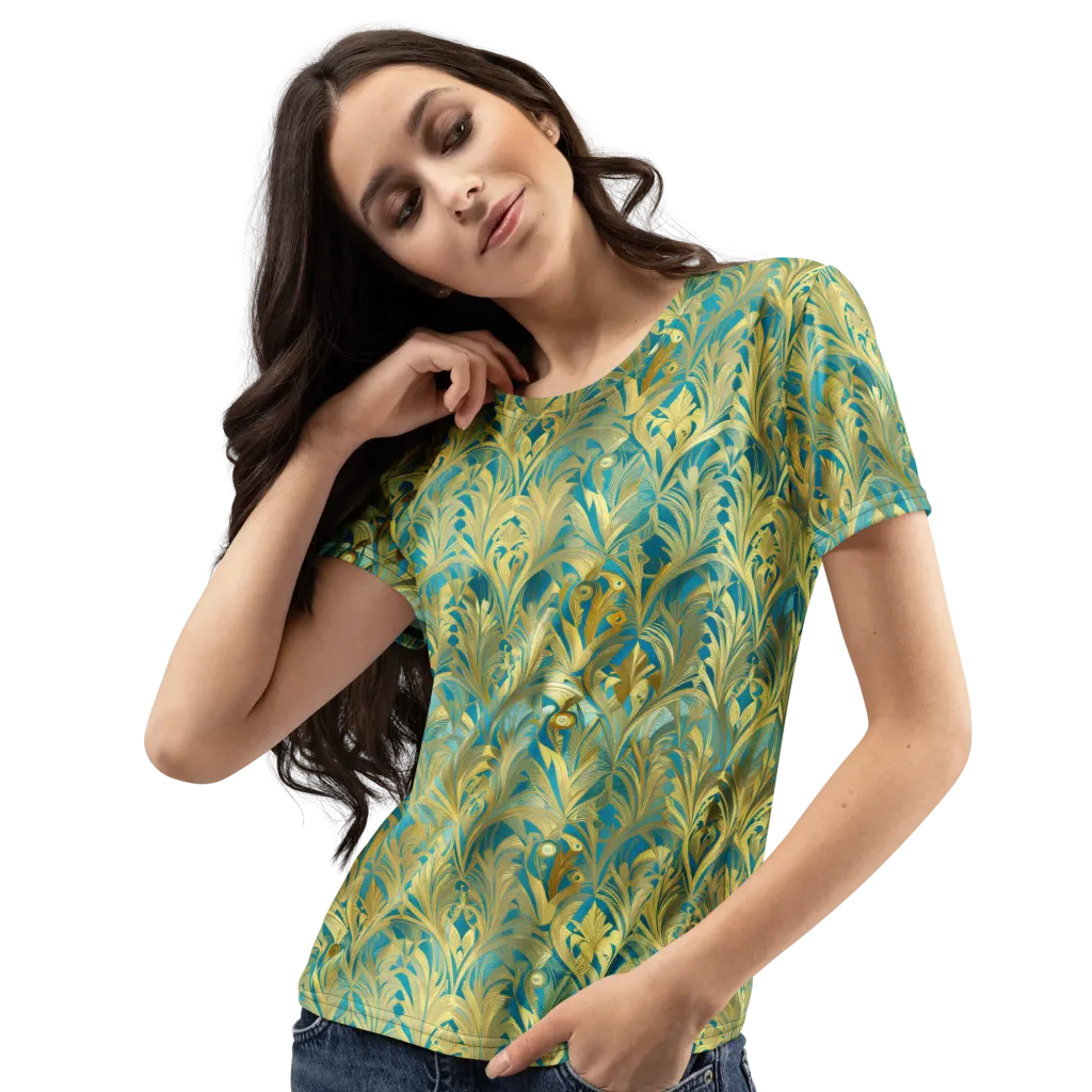 Turquoise Plumage on Women's Crew Neck T-Shirt — Left Front