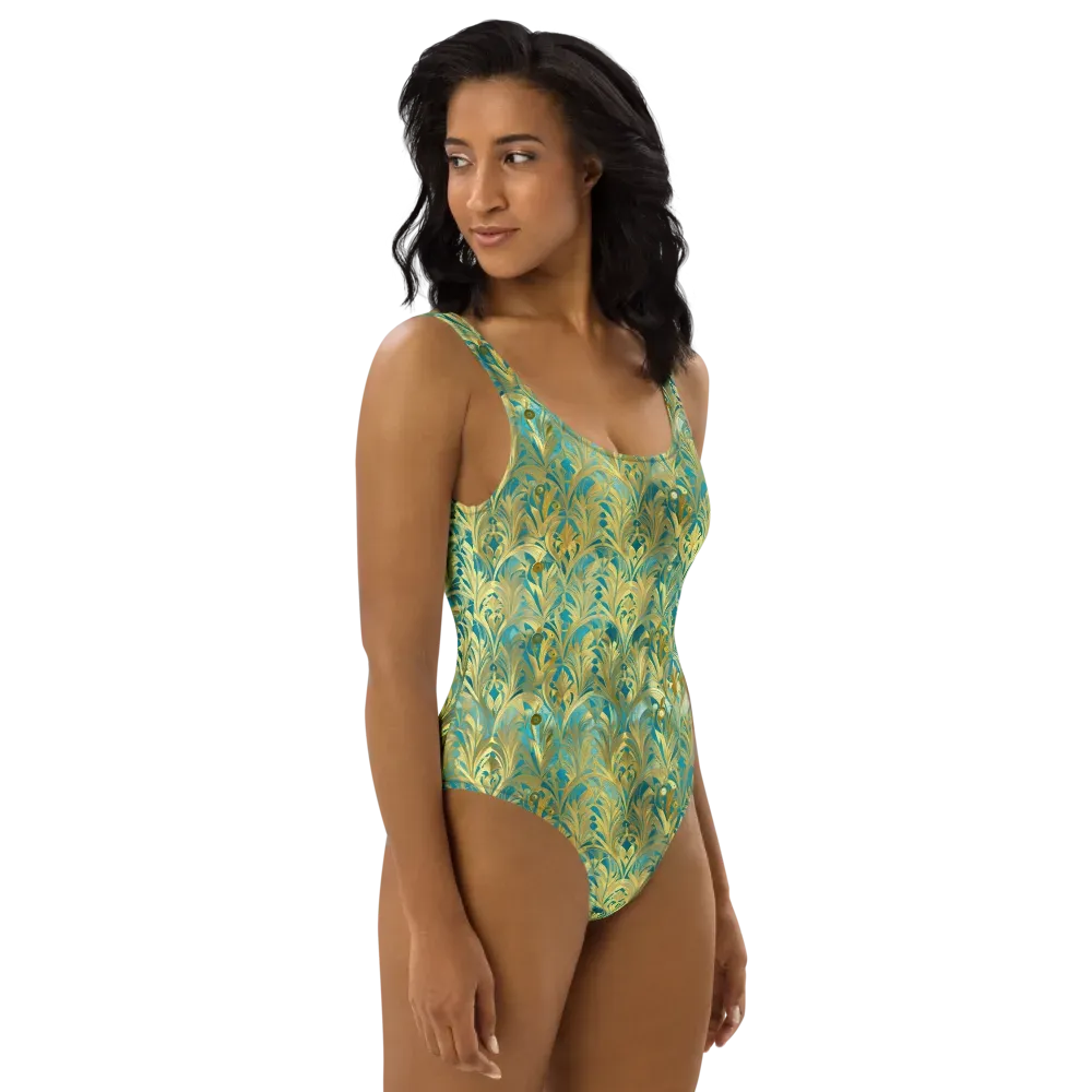 Turquoise Plumage on One-Piece Swimsuit — Right