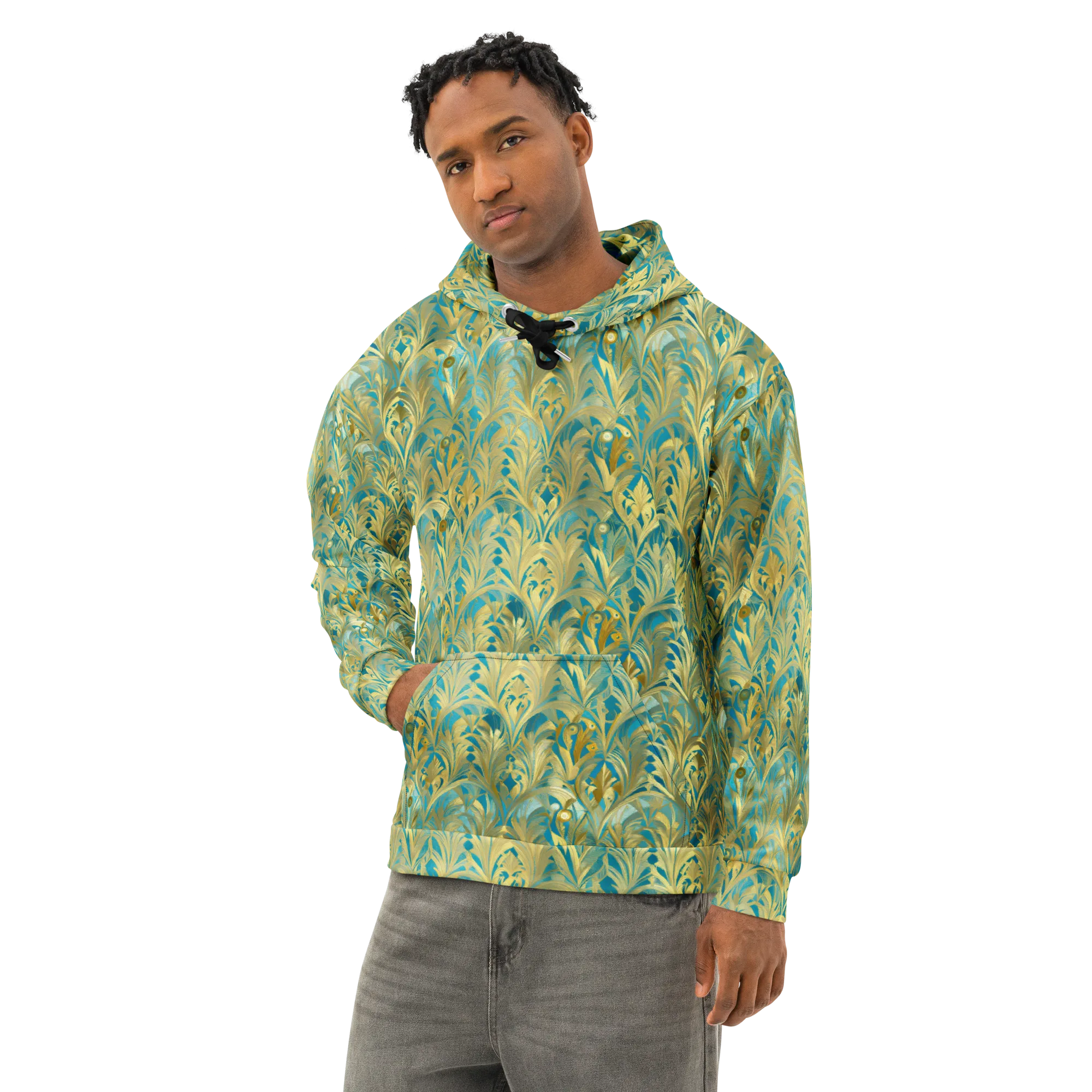 Turquoise Plumage on Cotton Hoodie — Left Front