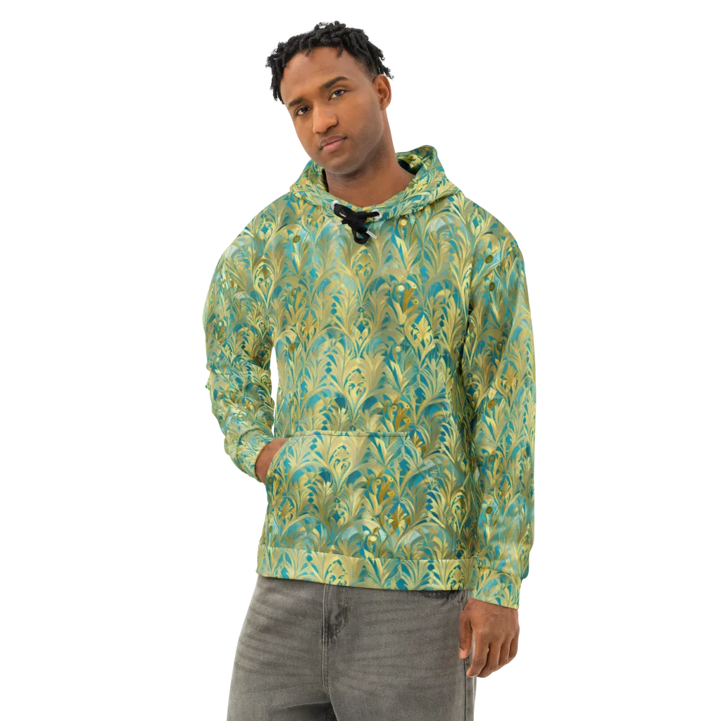 Turquoise Plumage on Cotton Hoodie — Left Front