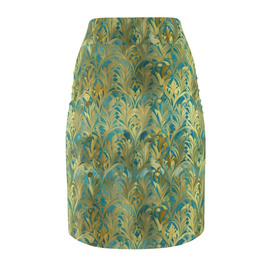 Turquoise Plumage on Pencil Skirt — Back