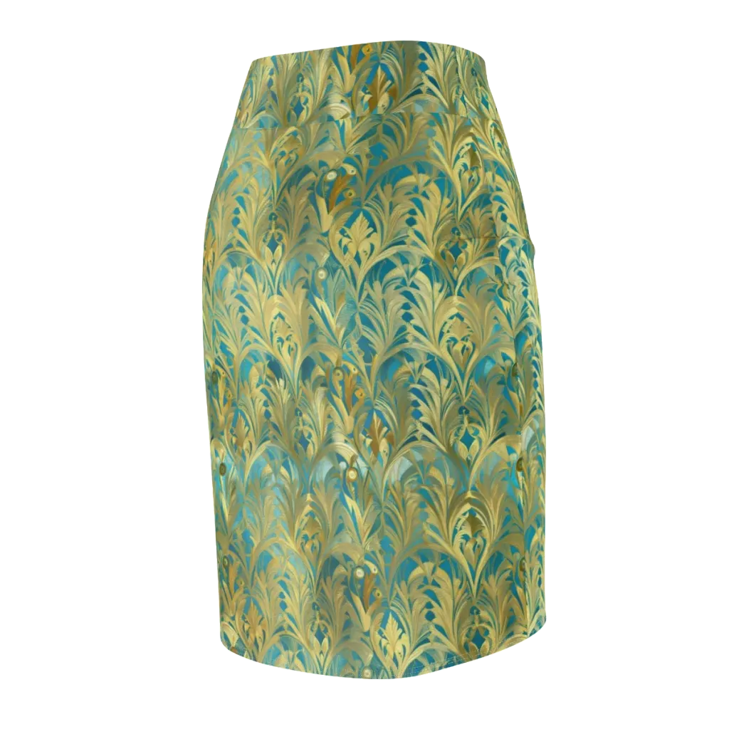 Turquoise Plumage on Pencil Skirt — Back Side