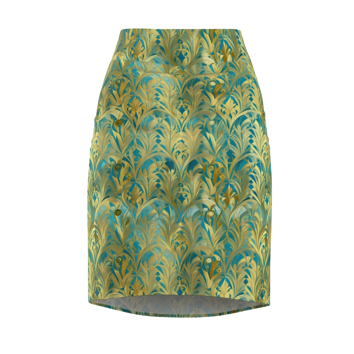 Turquoise Plumage on Pencil Skirt — Front