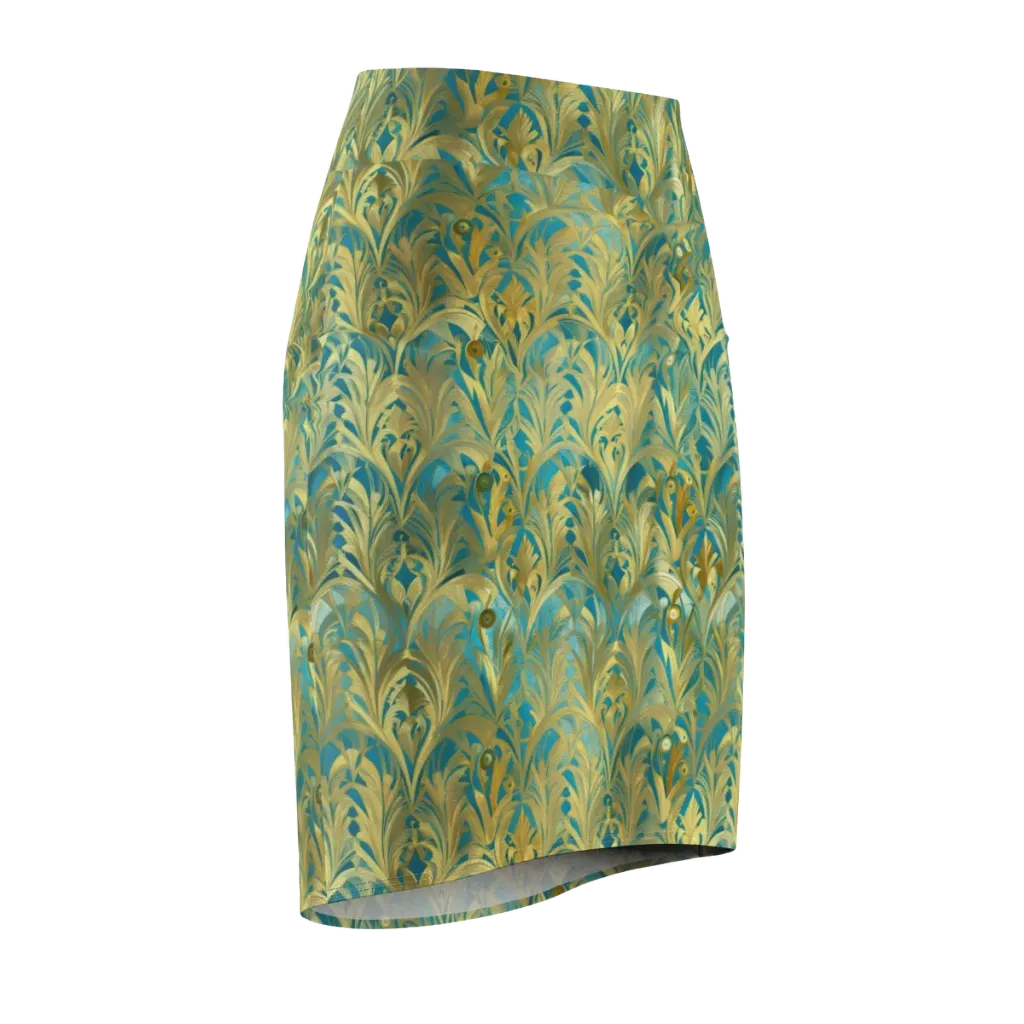 Turquoise Plumage on Pencil Skirt — Front Side