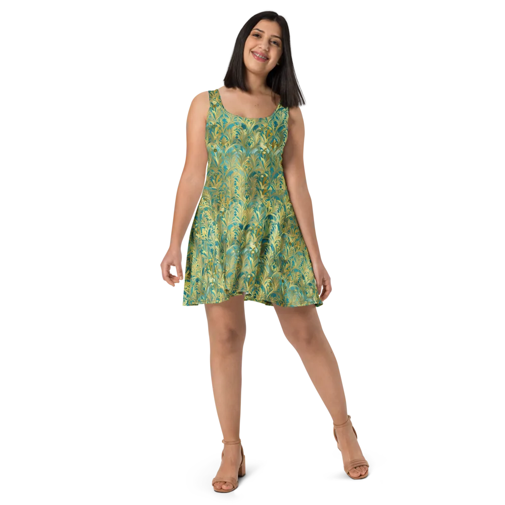 Turquoise Plumage on Skater Dress — Front