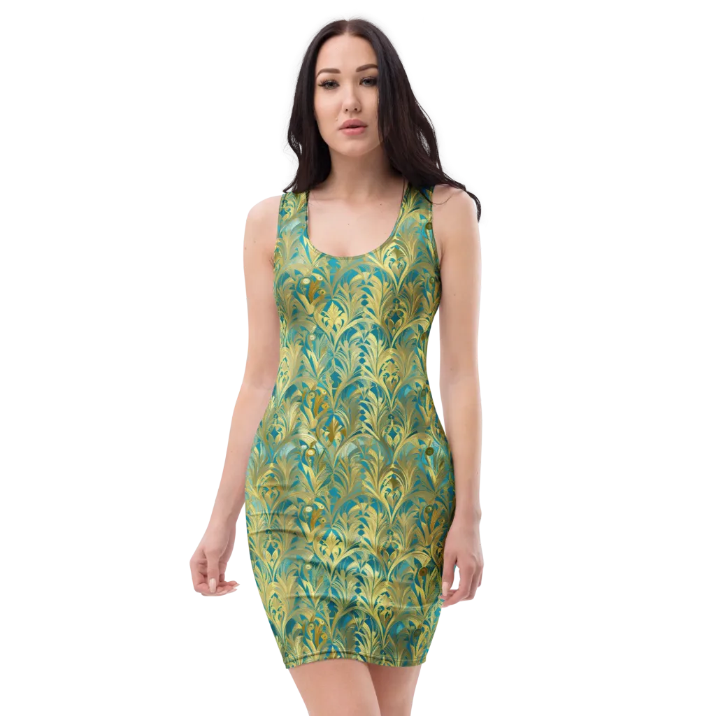 Turquoise Plumage on Bodycon Dress — Front