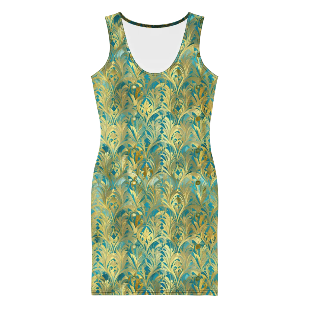 Turquoise Plumage on Bodycon Dress — Front