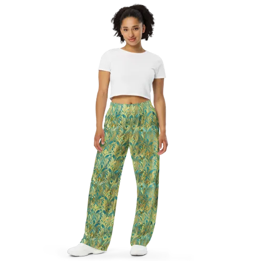 Turquoise Plumage on a Wide-Leg Pants
