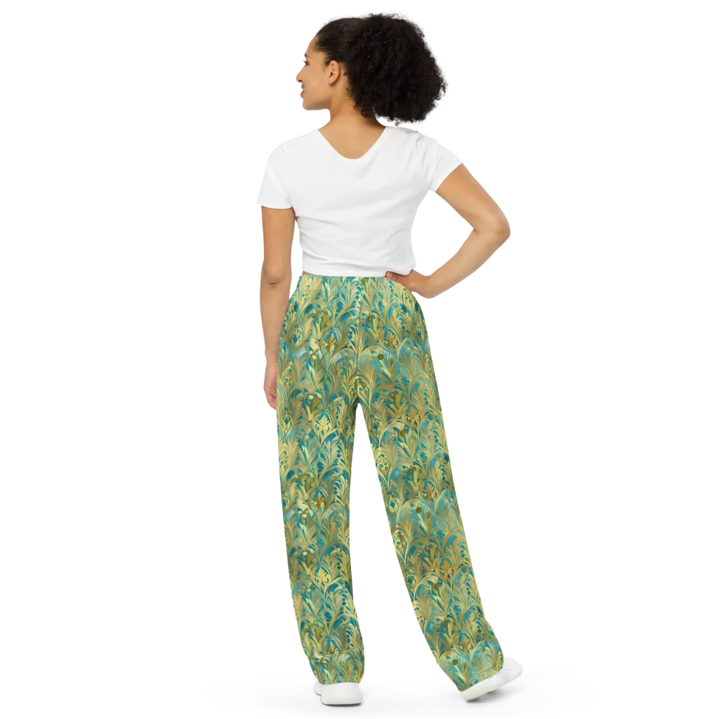 Turquoise Plumage on Wide-Leg Pants — Back