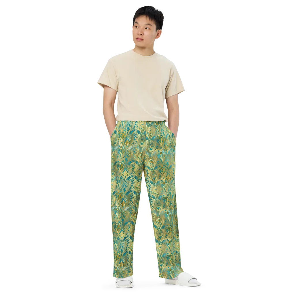 Turquoise Plumage on Wide-Leg Pants — Front