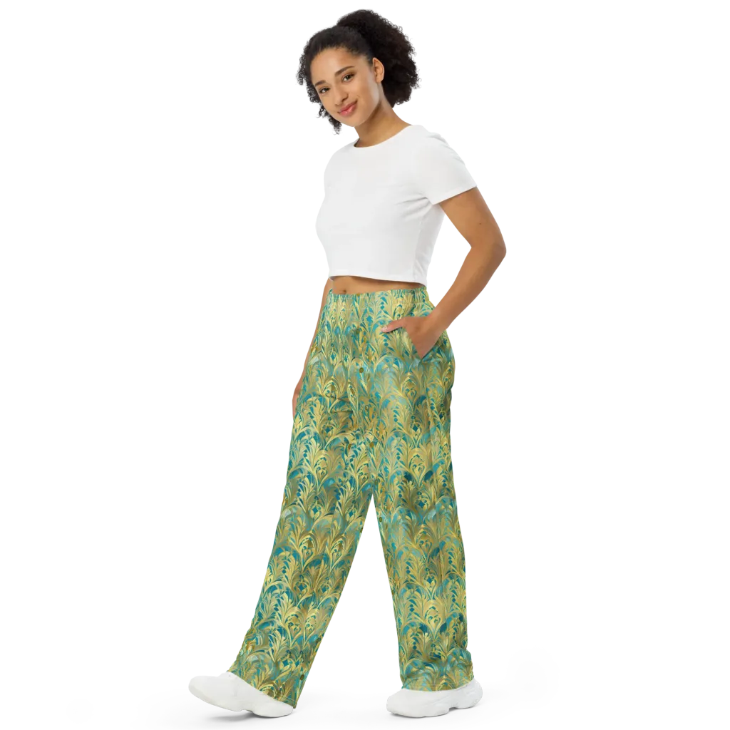 Turquoise Plumage on Wide-Leg Pants — Left Front