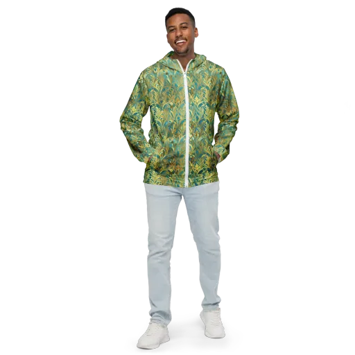 Turquoise Plumage on a Men's Windbreaker