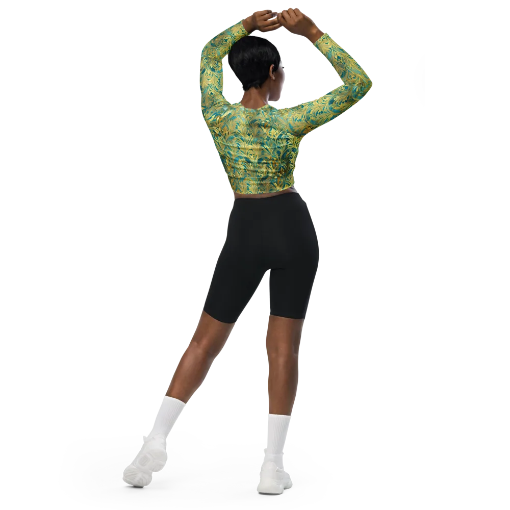 Turquoise Plumage on Long Sleeve Crop Top — Back