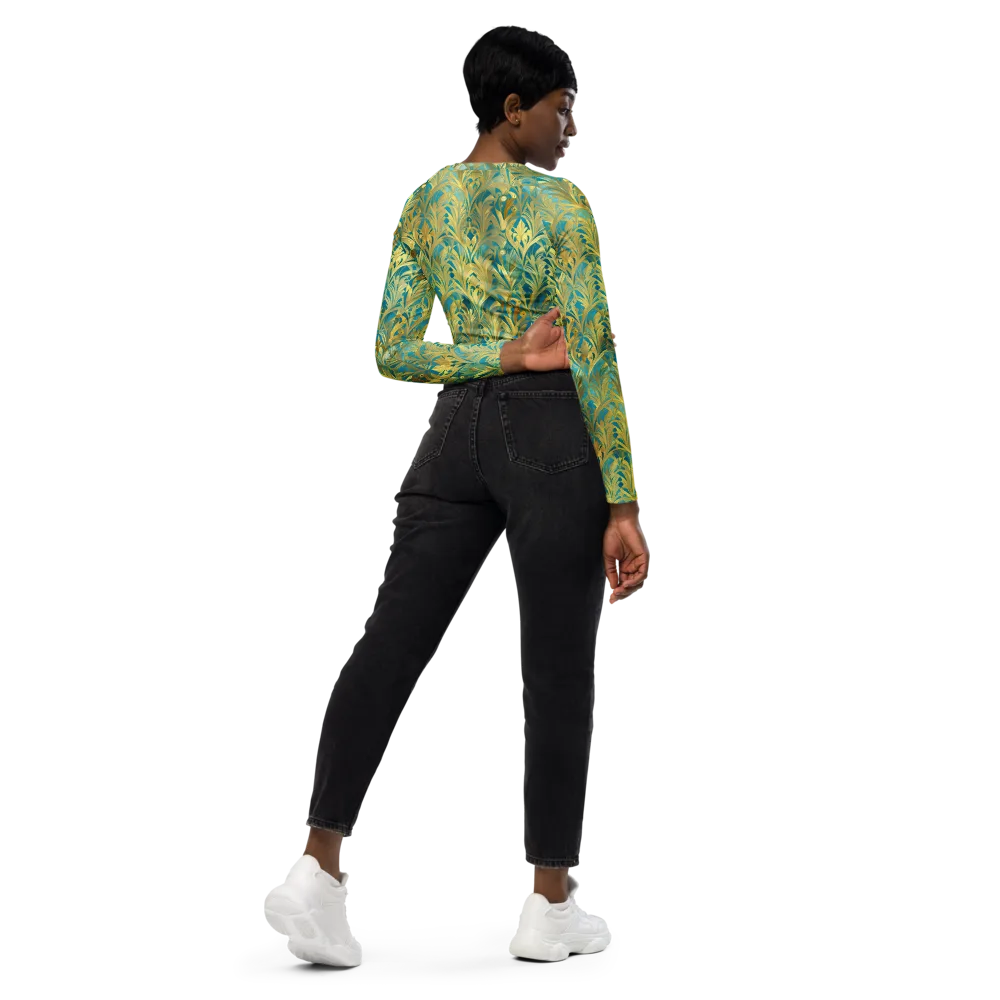Turquoise Plumage on Long Sleeve Crop Top — Right Back