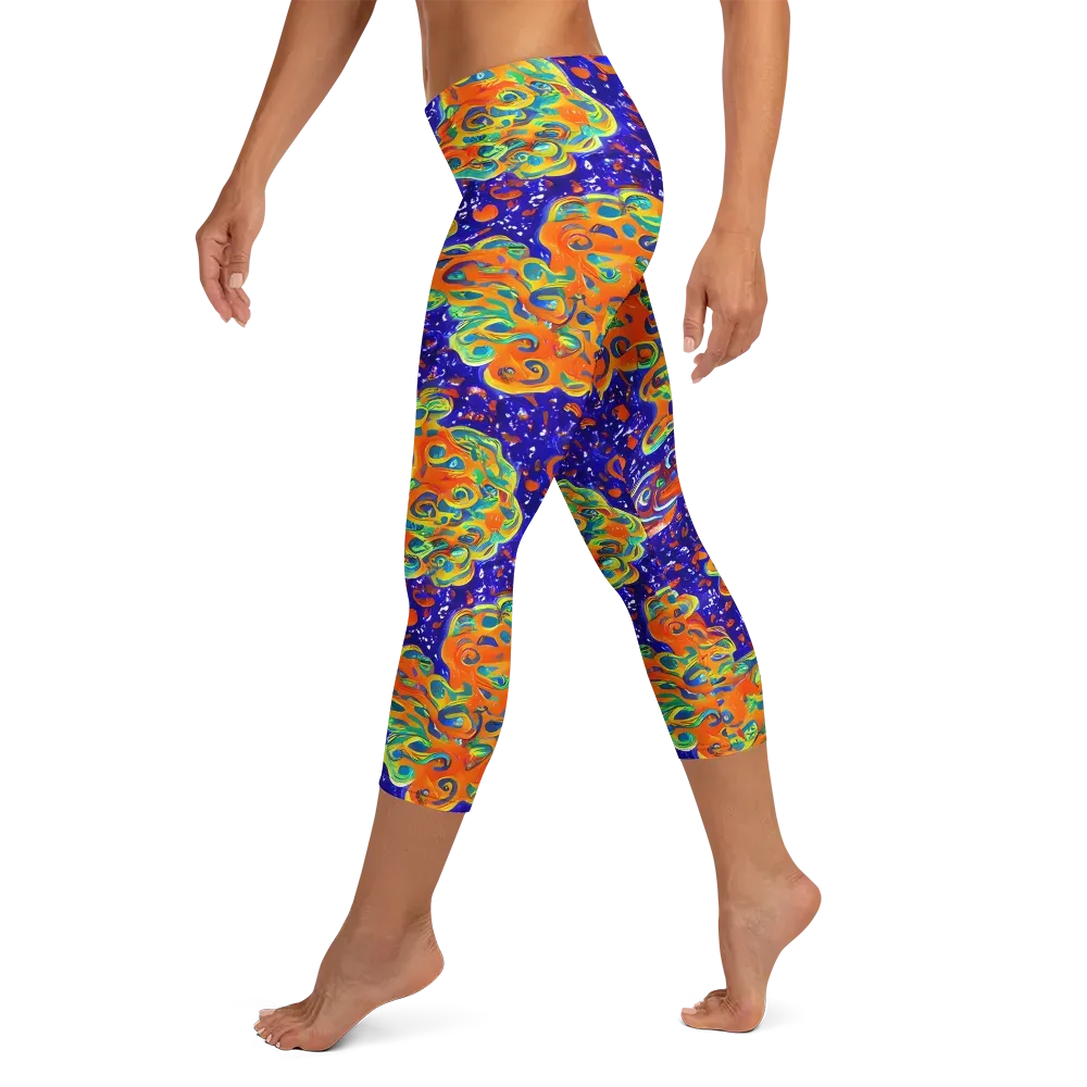 Blue Flame Bloom on Capri Leggings — Left