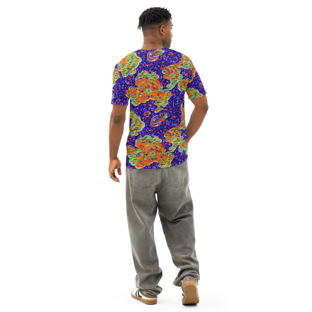 Blue Flame Bloom on Men's Cotton Crew Neck T-Shirt — Back