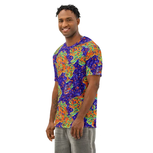 Blue Flame Bloom on a Men's Cotton Crew Neck T-Shirt