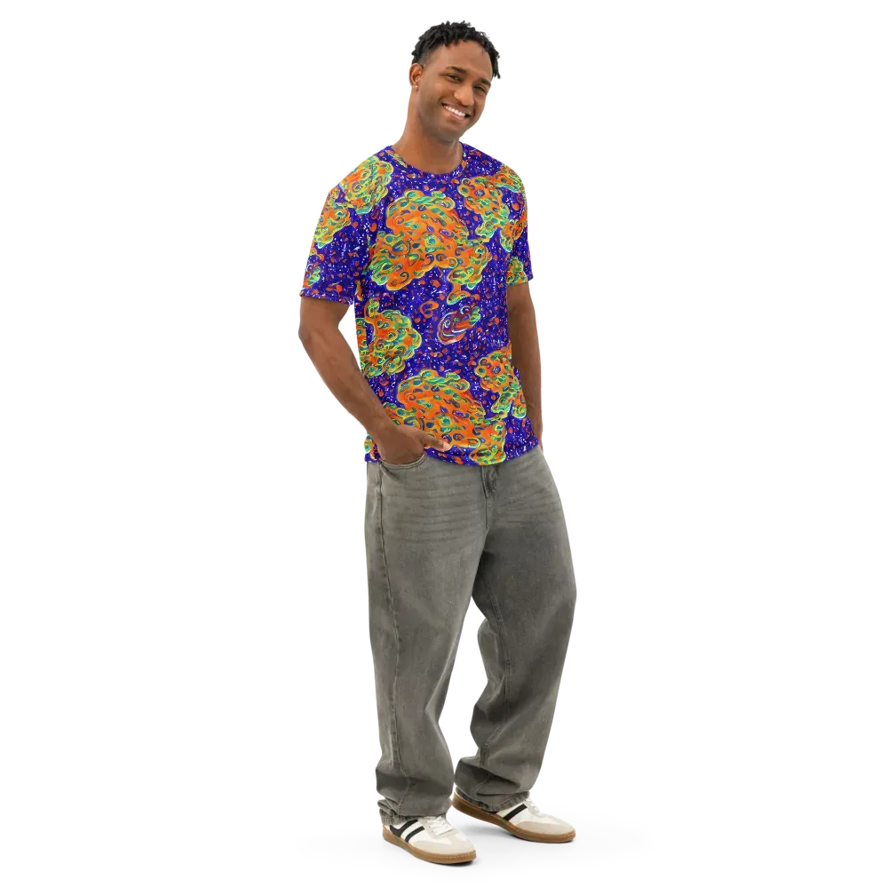 Blue Flame Bloom on Men's Cotton Crew Neck T-Shirt — Right Front