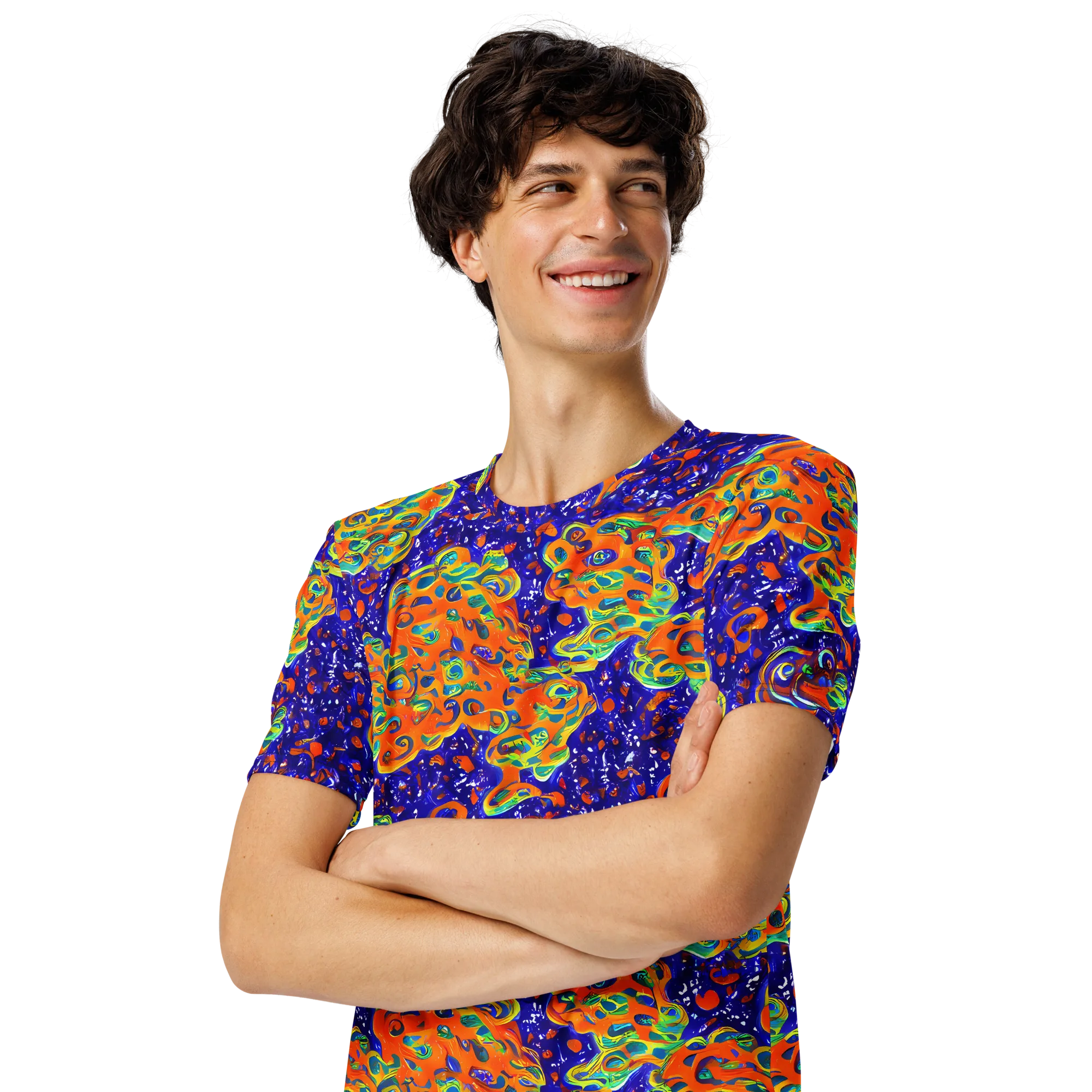 Blue Flame Bloom on Men's Crew Neck T-Shirt — Left Front