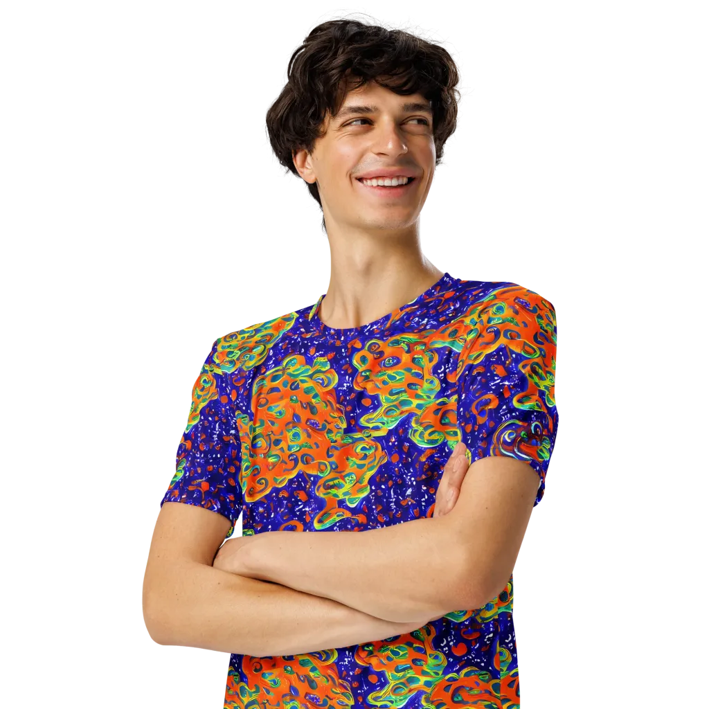 Blue Flame Bloom on Men's Crew Neck T-Shirt — Left Front