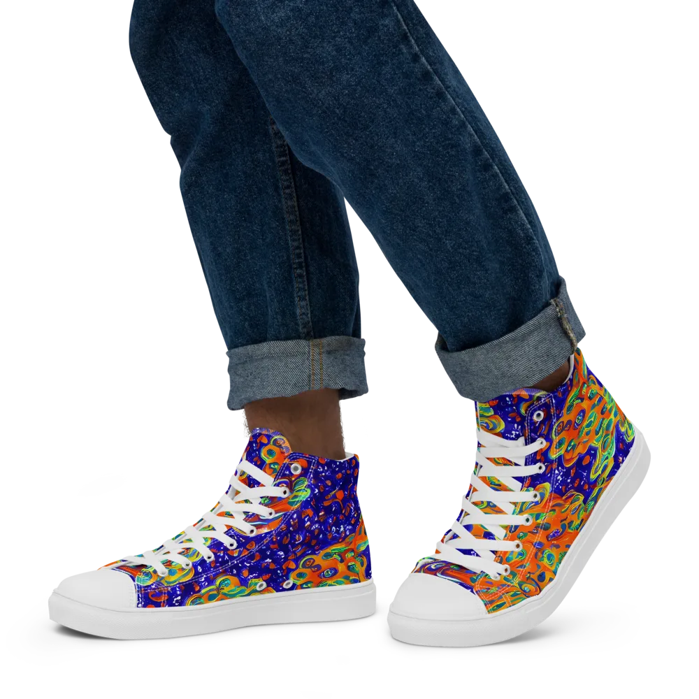Blue Flame Bloom on Men's High Top Canvas Shoes — Left