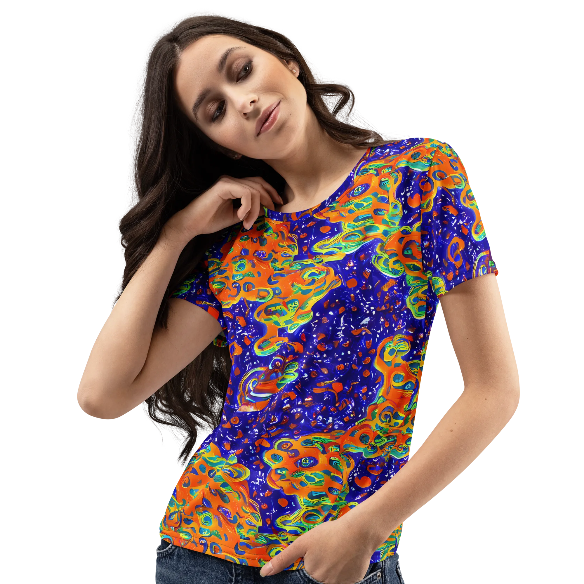 Blue Flame Bloom on Women's Crew Neck T-Shirt — Left Front