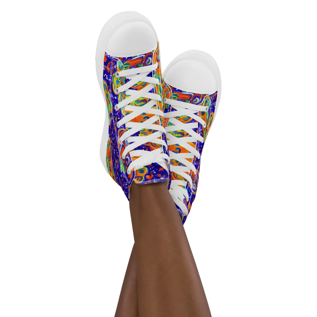 Blue Flame Bloom on Women's High Top Canvas Shoes — Front