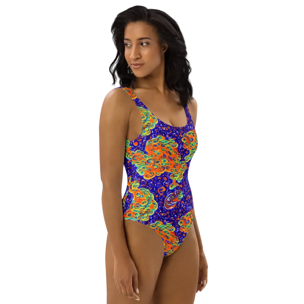 Blue Flame Bloom on One-Piece Swimsuit — Right