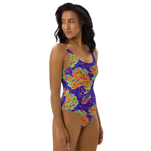 Blue Flame Bloom on a One-Piece Swimsuit