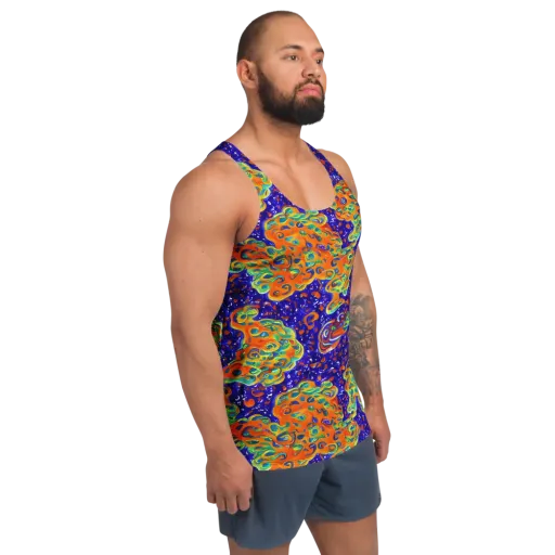 Blue Flame Bloom on a Men's Tank Top
