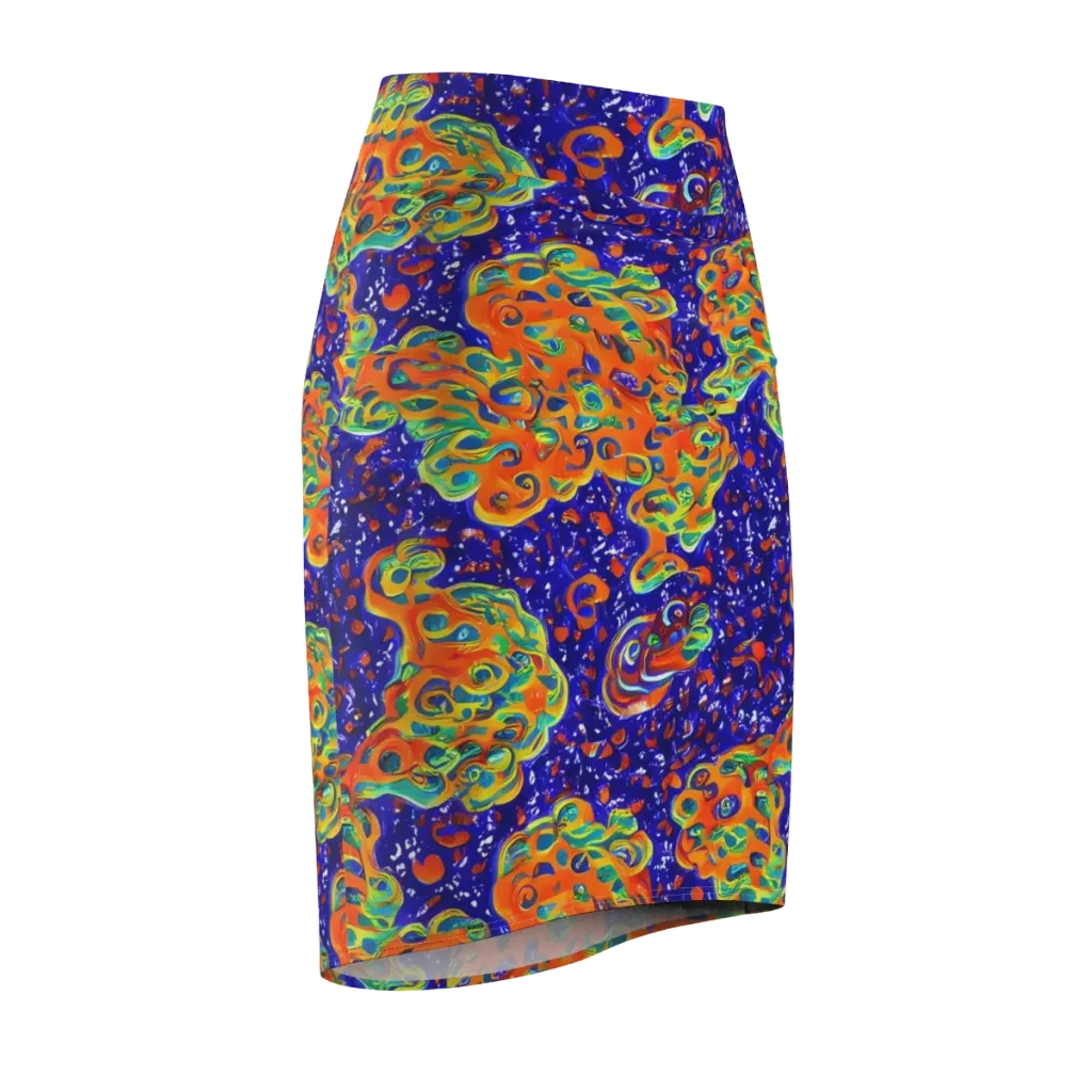 Blue Flame Bloom on Pencil Skirt — Front Side